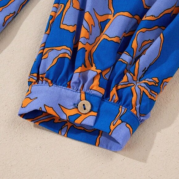 Multicolor Casual Women's Floral Print Batwing Sleeve Buttoned Loose Fit Shirt - Picture 10 of 10